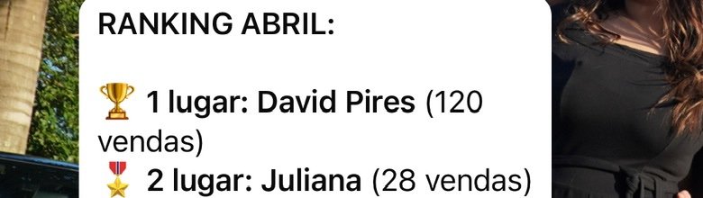 Ranking de abril: 1º lugar David Pires com 120 vendas, 2º lugar Juliana com 28 vendas